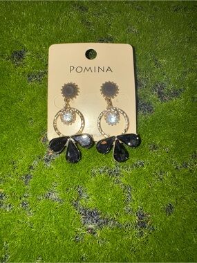 $12 or 3/$30! POMINA Black Flower Drop Earrings with Gold Hoop and Rhinestone